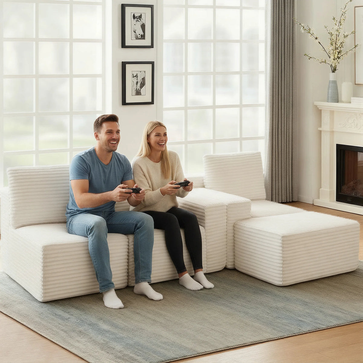 Beige Modular Free Combination Corduroy Sectional Sofa, L‑Shape Chaise Lounge Couch, Vacuum Compressed No Assembly Furniture for Bedroom Guest Room Home Decor