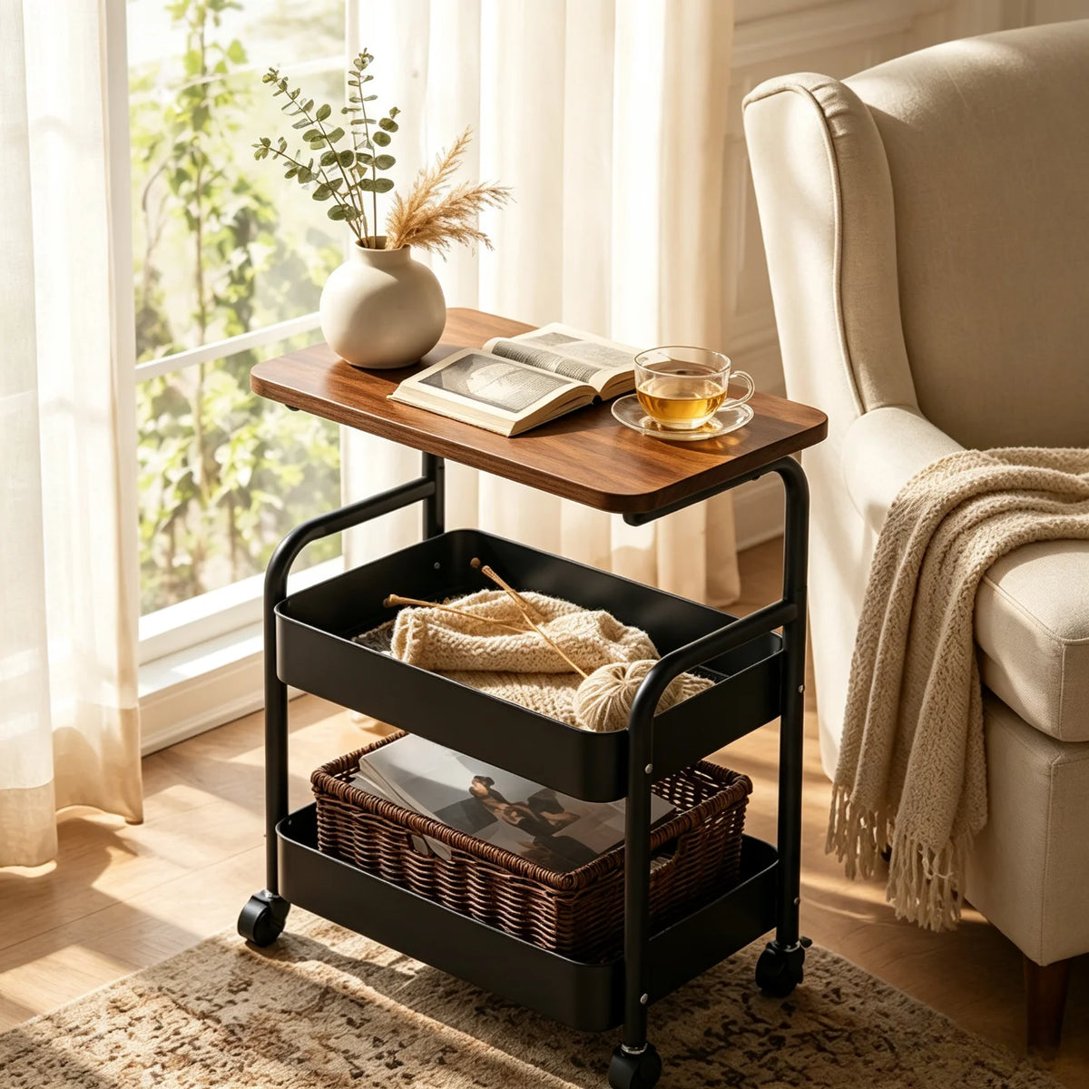 Multi-functional storage side table for the living room sofa, 2-tier/3-tier rolling multi-purpose storage cart with wooden top and lockable 360° swivel wheels, black metal wire baskets, movable wheeled side table, slim narro