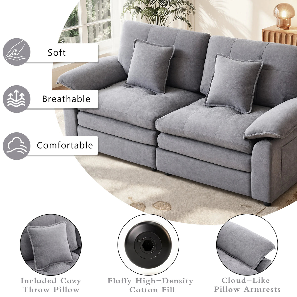 Soft Chenille 2‑Seater Modular Sofa Couch, Deep Seat Plush Living Room Sofa with 2 Decorative Pillows for Family Daily Use