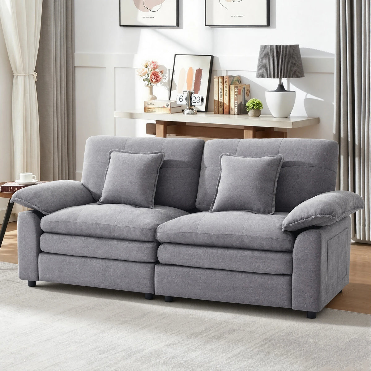 Soft Chenille 2‑Seater Modular Sofa Couch, Deep Seat Plush Living Room Sofa with 2 Decorative Pillows for Family Daily Use