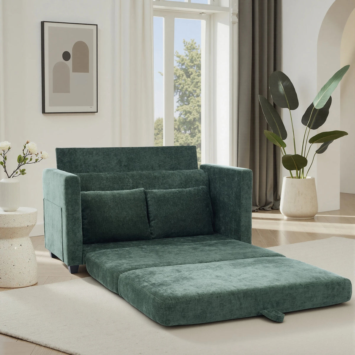 Soft Fabric 2‑in‑1 Pull‑Out Sofa Bed, Loveseat Sleeper Couch with Solid Wood Frame, Vacuum Packed No Assembly Furniture for Home Use