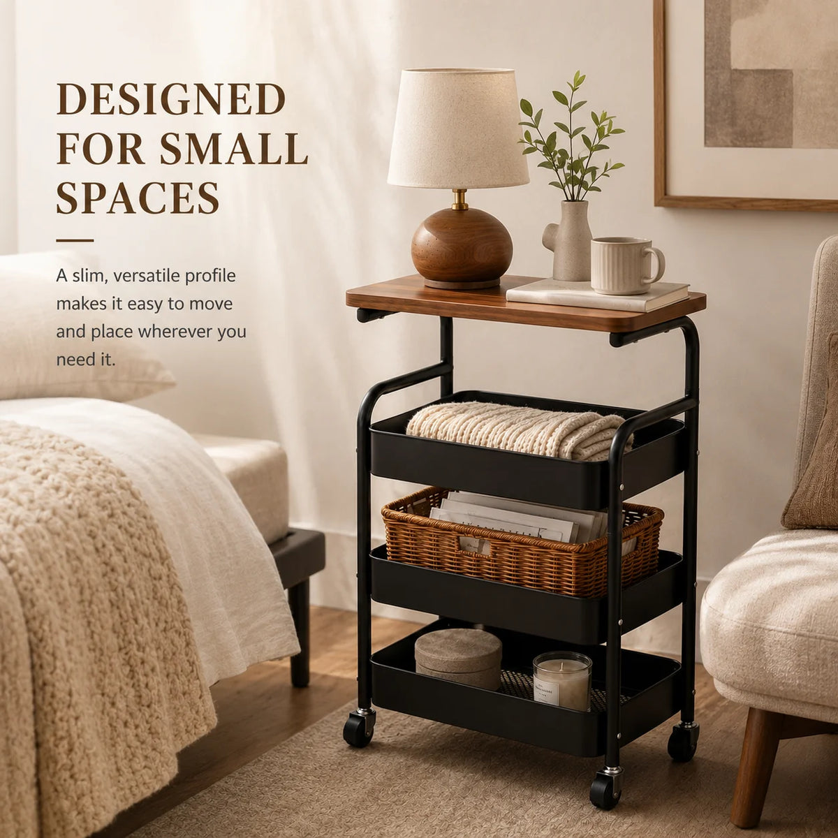 Multi-functional storage side table for the living room sofa, 2-tier/3-tier rolling multi-purpose storage cart with wooden top and lockable 360° swivel wheels, black metal wire baskets, movable wheeled side table, slim narro