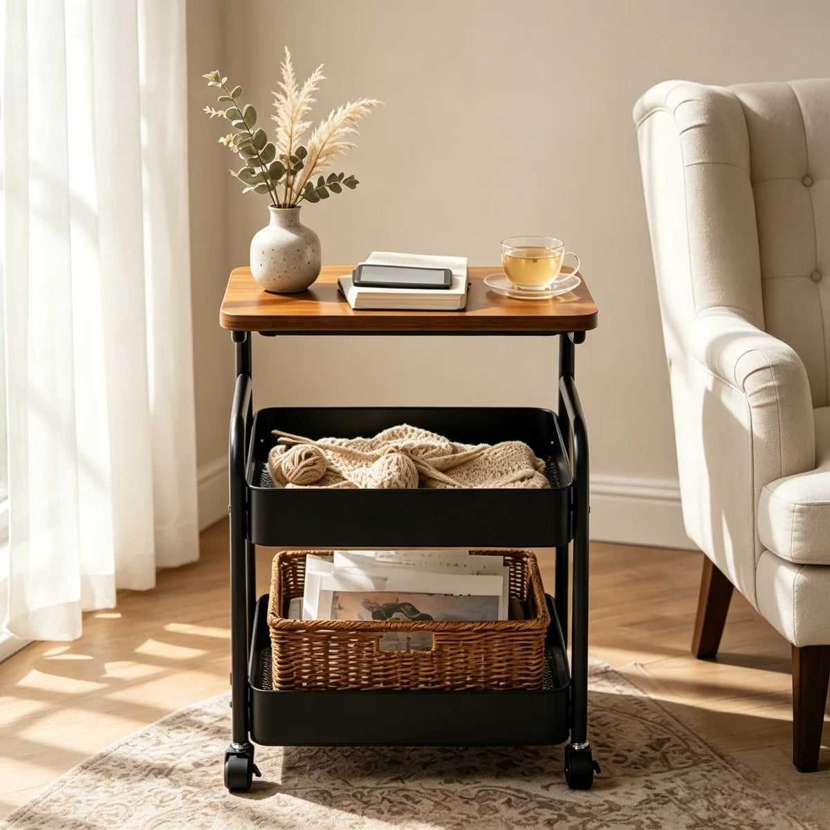 Multi-functional storage side table for the living room sofa, 2-tier/3-tier rolling multi-purpose storage cart with wooden top and lockable 360° swivel wheels, black metal wire baskets, movable wheeled side table, slim narro