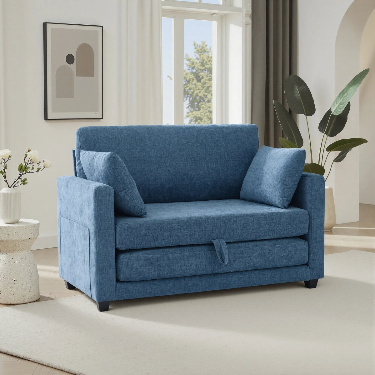 2‑in‑1 Pull‑Out Sleeper Sofa Bed, Fabric Loveseat Couch with Solid Wood Frame, Vacuum Packed No Assembly Sofa for Small Apartment Guest Room