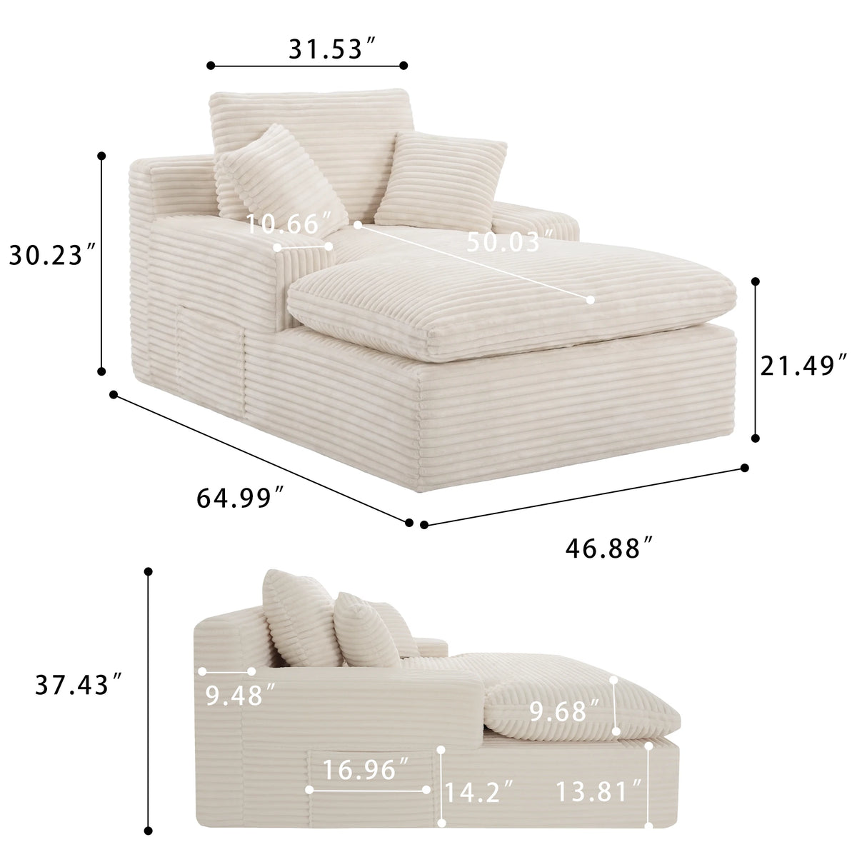 Beige L‑Shape Corduroy Chaise Lounge Sofa, Modular Free Combination Sectional Couch, Cloud Spring Cushion Vacuum Compressed for Small Space Home Bedroom