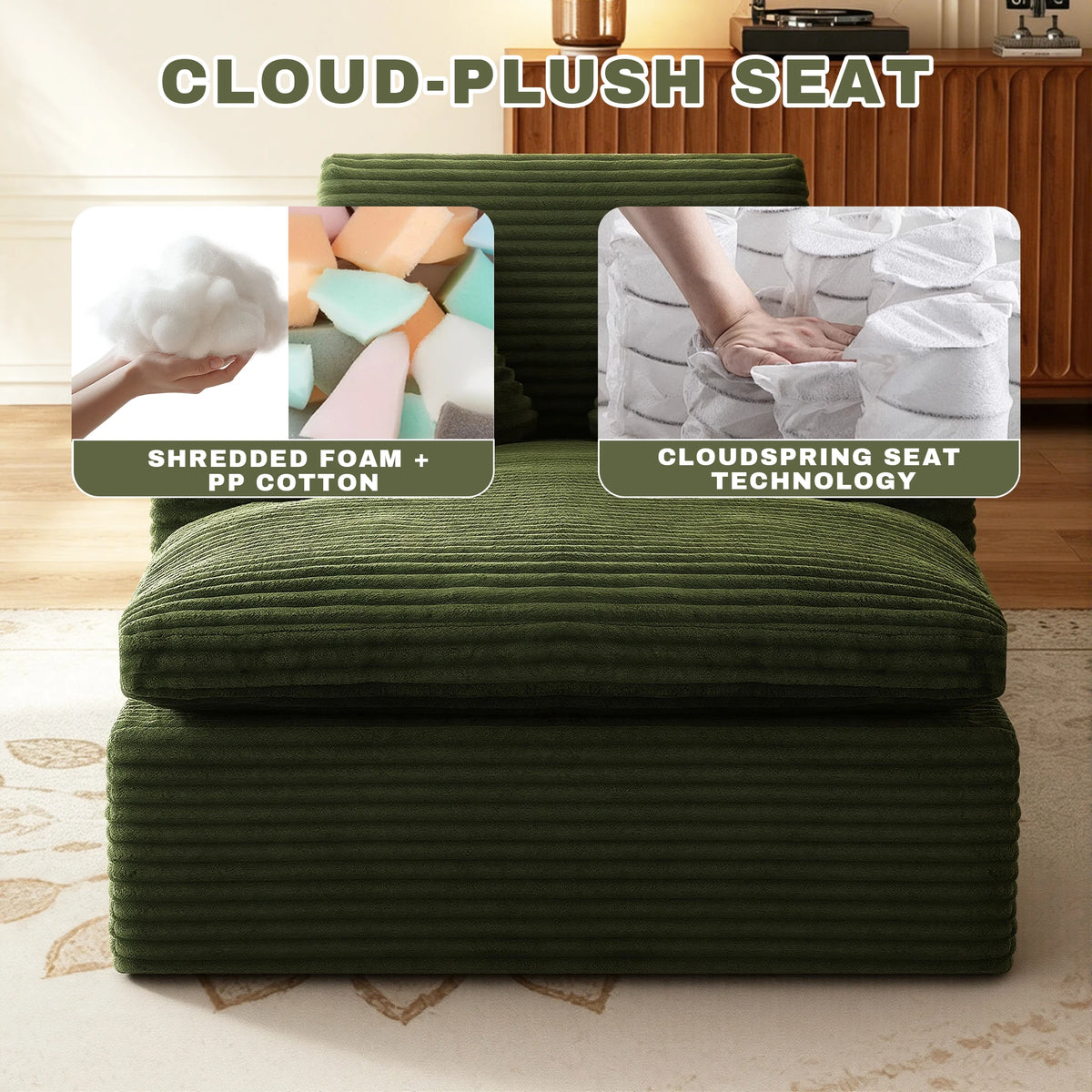 Green Indoor Relax L‑Shape Chaise Lounge Sofa, Corduroy Modular Sectional Couch Cloud Spring Cushion, Vacuum Packed No Assembly for Reading Rest Sleeping