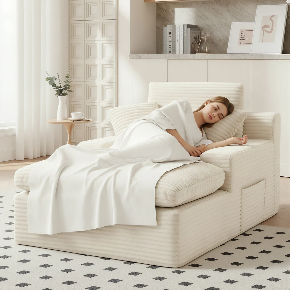 Beige L‑Shape Corduroy Chaise Lounge Sofa, Modular Free Combination Sectional Couch, Cloud Spring Cushion Vacuum Compressed for Small Space Home Bedroom