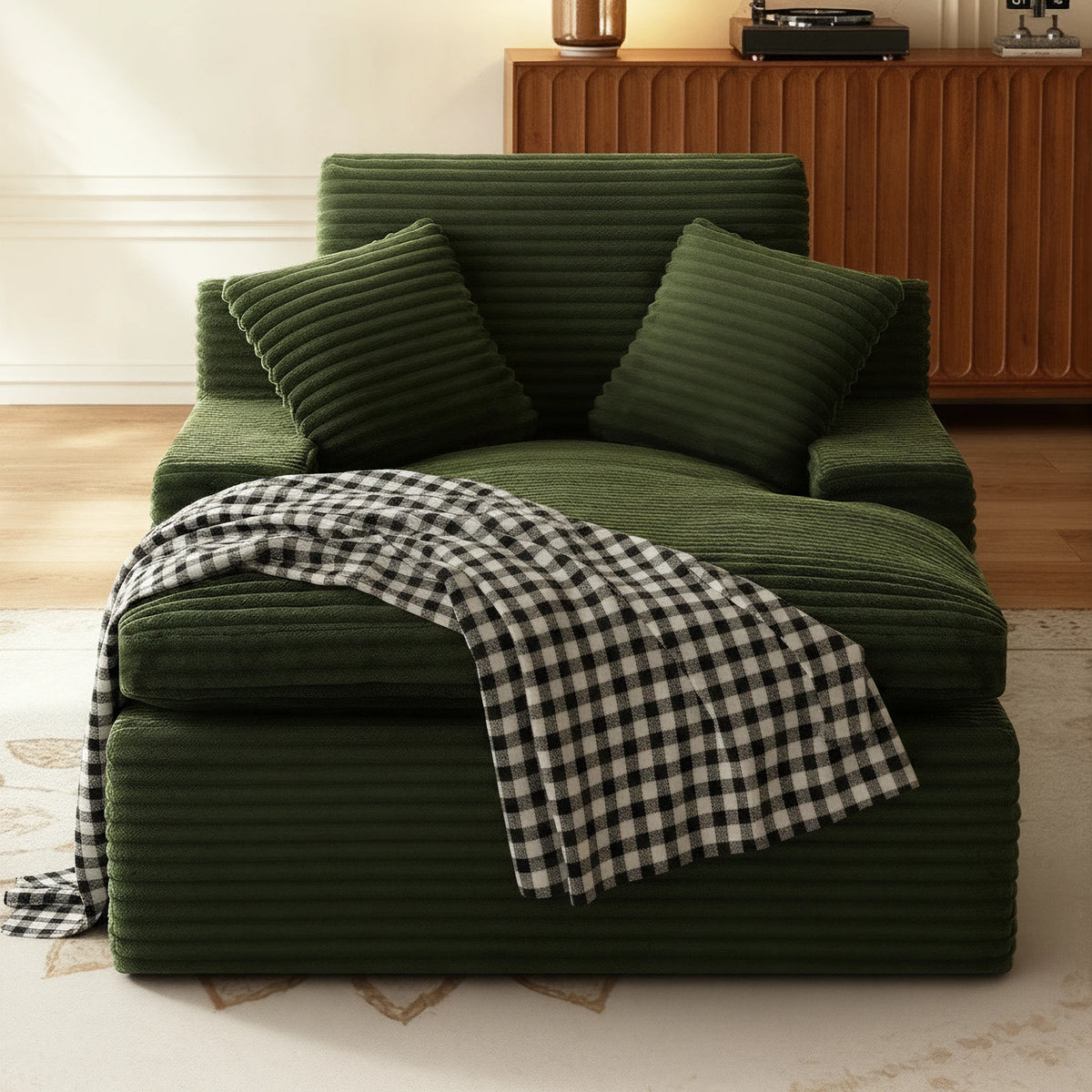 Green Indoor Relax L‑Shape Chaise Lounge Sofa, Corduroy Modular Sectional Couch Cloud Spring Cushion, Vacuum Packed No Assembly for Reading Rest Sleeping