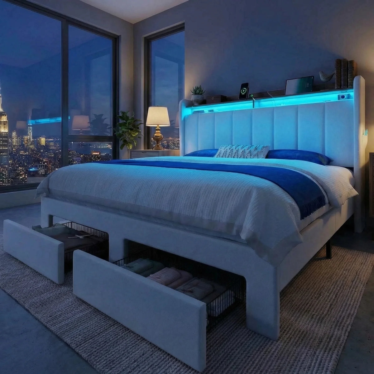 HOOMIC Bed Frame, 2 Storage Drawers/2-Tier Shelves with LED Lights & Charging Station, No Box Spring Needed, Full/Queen/King