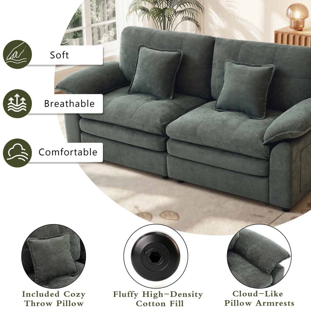 Comfortable Cloud‑Like 2 Seater Modular Sofa, Soft Chenille Upholstered Couch with Deep Seat Design for Living Room Bedroom Home Furniture