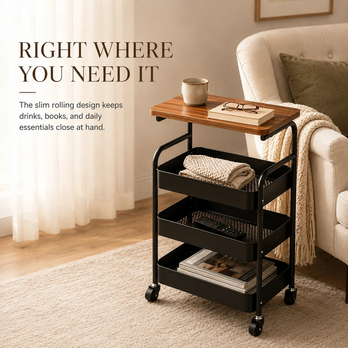 Multi-functional storage side table for the living room sofa, 2-tier/3-tier rolling multi-purpose storage cart with wooden top and lockable 360° swivel wheels, black metal wire baskets, movable wheeled side table, slim narro