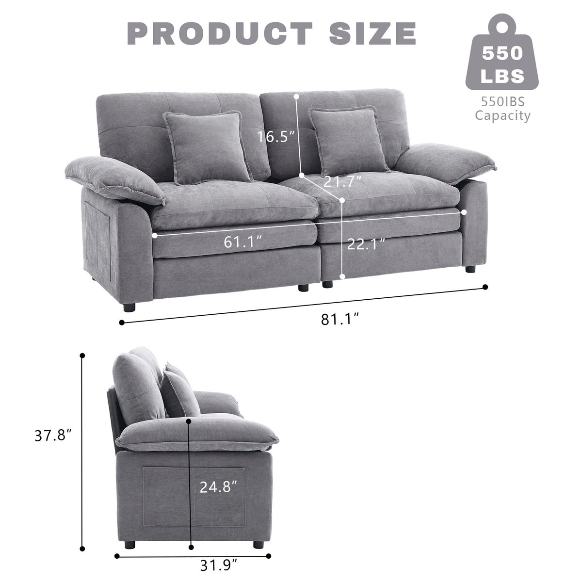 2‑Seater Modular Sofa Couch, Chenille Fabric Deep Seat Living Room Sofa with Cloud‑Like High‑Density Cotton Fill & 2 Throw Pillows for Apartment