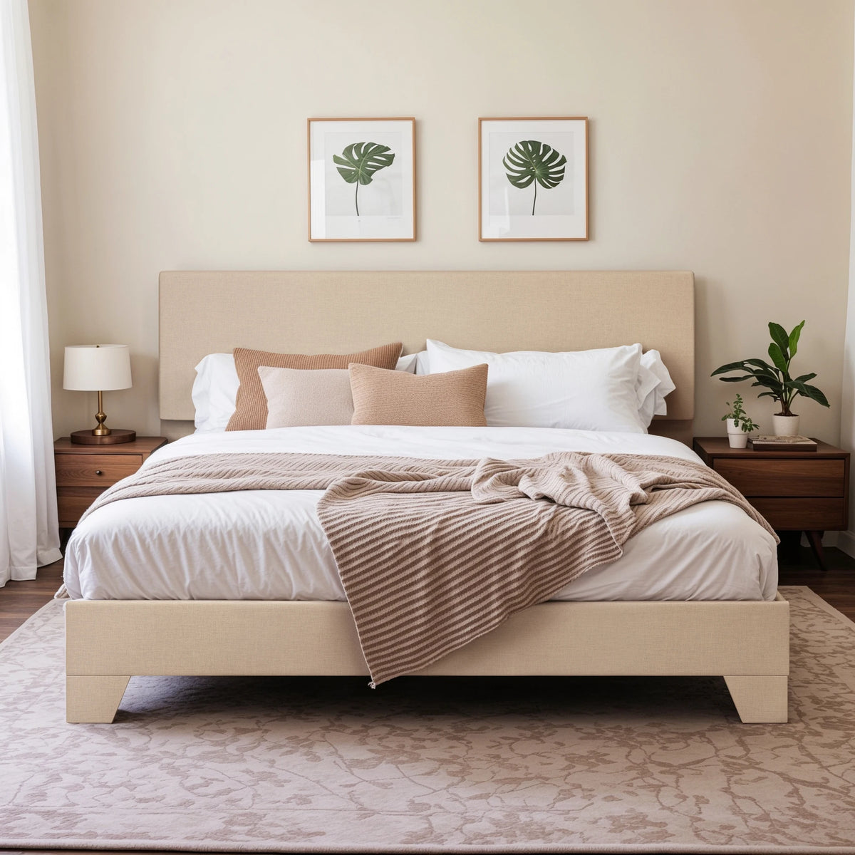 Upholstered Bed Frame with Adjustable Headboard, Soft Linen Fabric, Strong Supporting Structure, Noise-Free