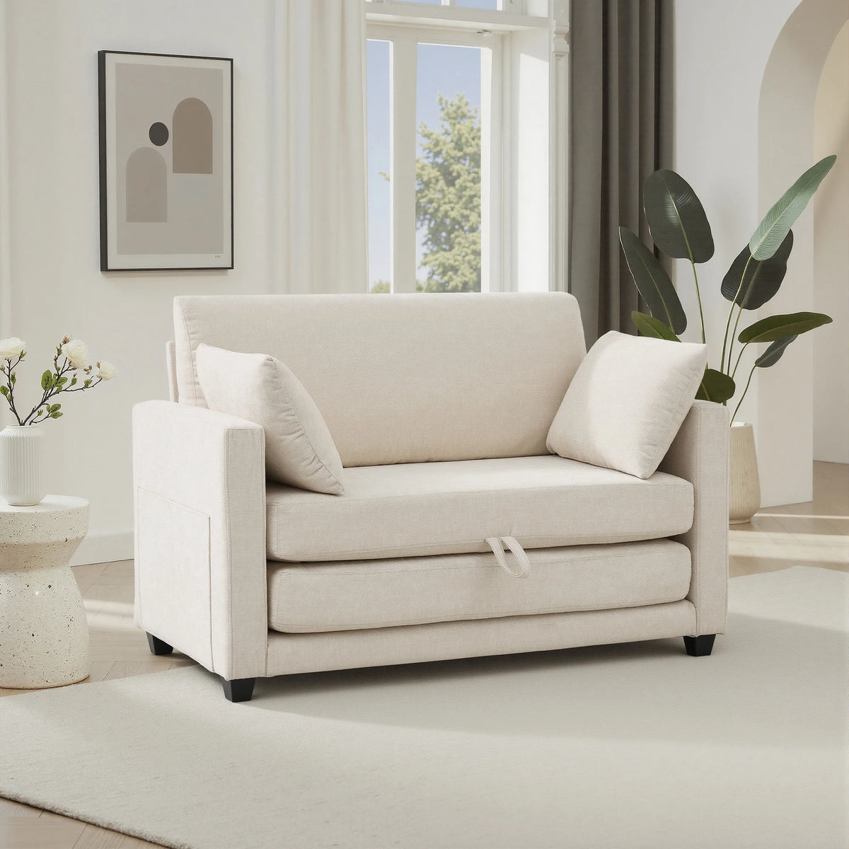 2‑in‑1 Pull‑Out Sleeper Sofa Bed, Fabric Loveseat Couch with Solid Wood Frame, Vacuum Packed No Assembly Sofa for Small Apartment Guest Room