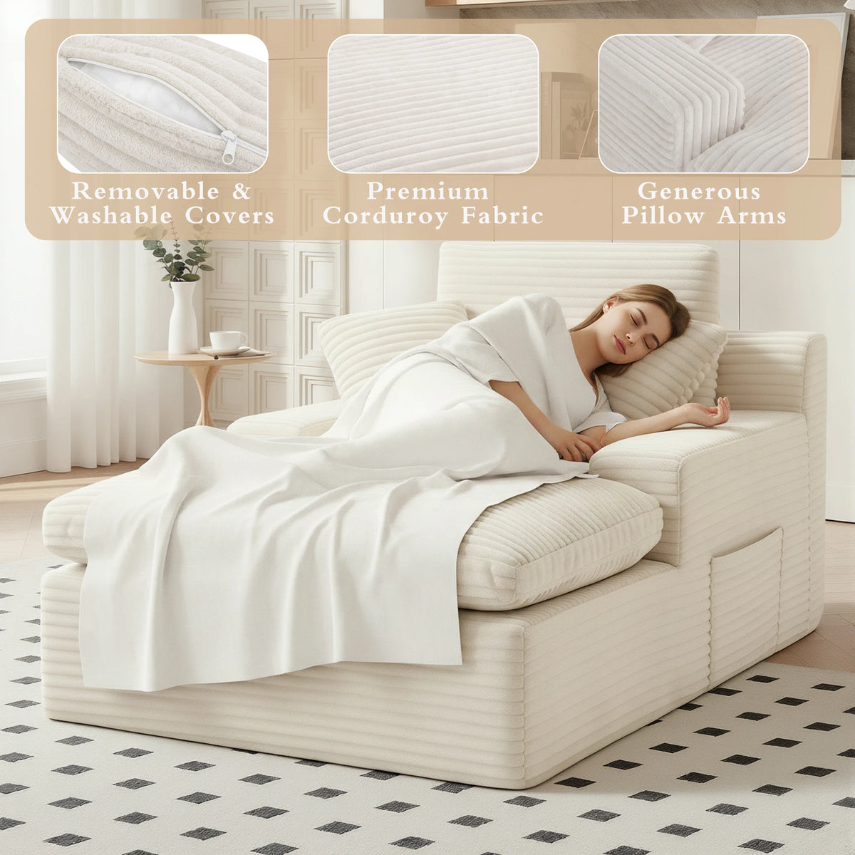 Beige L‑Shape Corduroy Chaise Lounge Sofa, Modular Free Combination Sectional Couch, Cloud Spring Cushion Vacuum Compressed for Small Space Home Bedroom