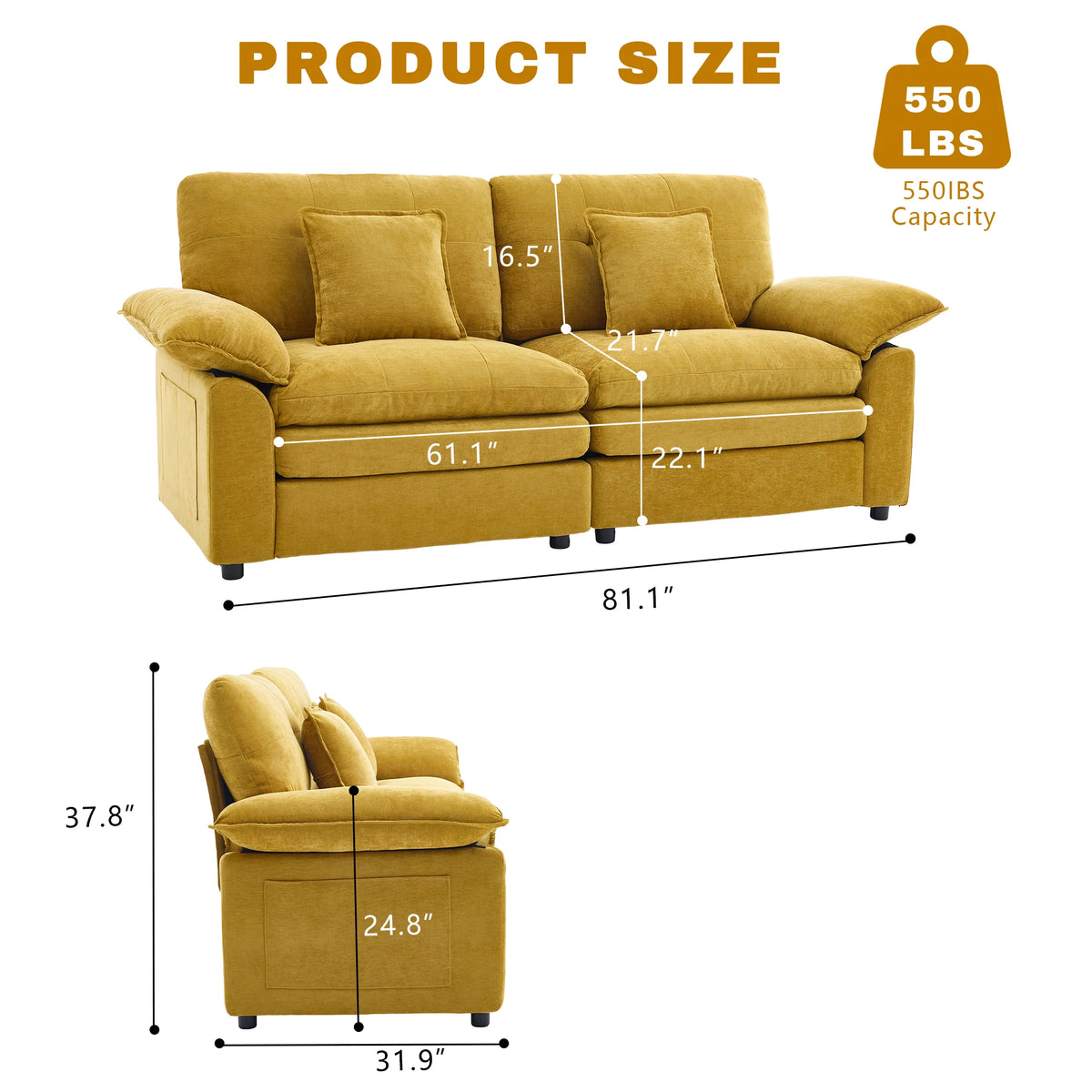 Modular 2‑Seater Living Room Sofa, Chenille Fabric Couch with High‑Density Cotton Filled Cushion, Plush Pillow Armrest for Daily Relaxation