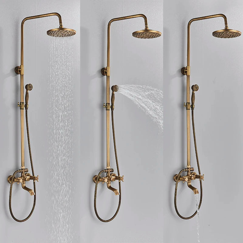 Antique Brass Shower Faucets Set Wall Mount Antique Brass Shower Kit Dual Knobs Mixer Tap Handheld Spray Bathtub Kit