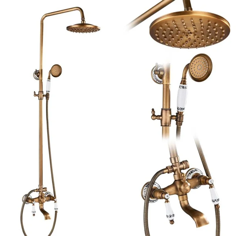 Antique Brass Shower Faucets Set Wall Mount Antique Brass Shower Kit Dual Knobs Mixer Tap Handheld Spray Bathtub Kit
