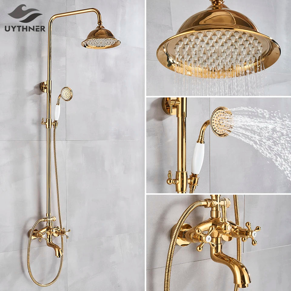 Gold Shower Faucet Bath Shower Mixer Tap 8' Rainfall Gold Shower Head Bath Shower Set W/ Hand Shower Bathtub Faucet Wall Mounted