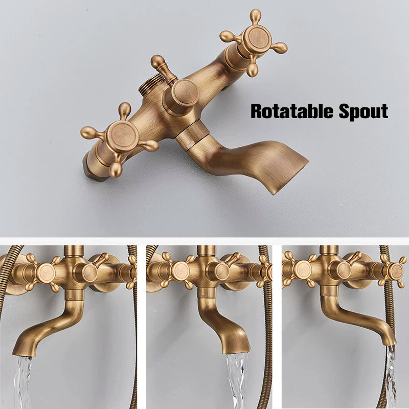 Antique Brass Shower Faucets Set Wall Mount Antique Brass Shower Kit Dual Knobs Mixer Tap Handheld Spray Bathtub Kit