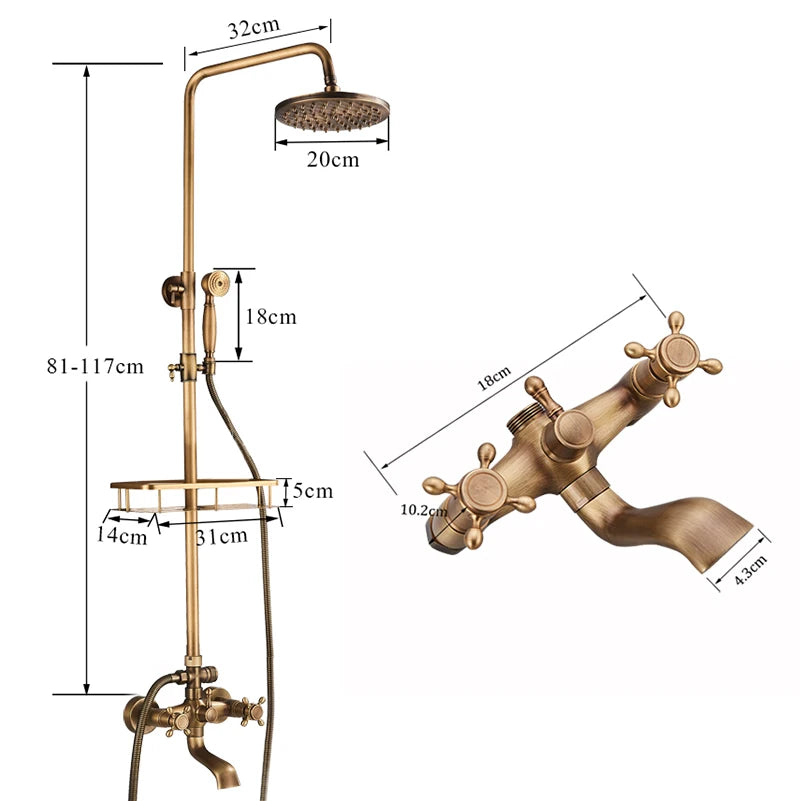 Antique Brass Shower Faucets Set Wall Mount Antique Brass Shower Kit Dual Knobs Mixer Tap Handheld Spray Bathtub Kit
