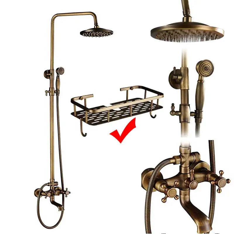 Antique Brass Shower Faucets Set Wall Mount Antique Brass Shower Kit Dual Knobs Mixer Tap Handheld Spray Bathtub Kit