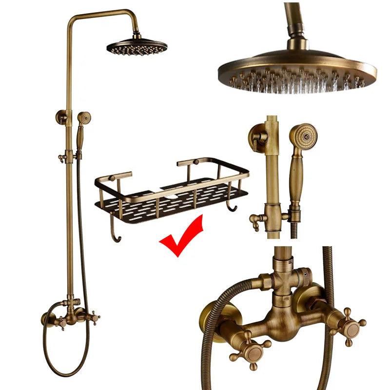 Antique Brass Shower Faucets Set Wall Mount Antique Brass Shower Kit Dual Knobs Mixer Tap Handheld Spray Bathtub Kit