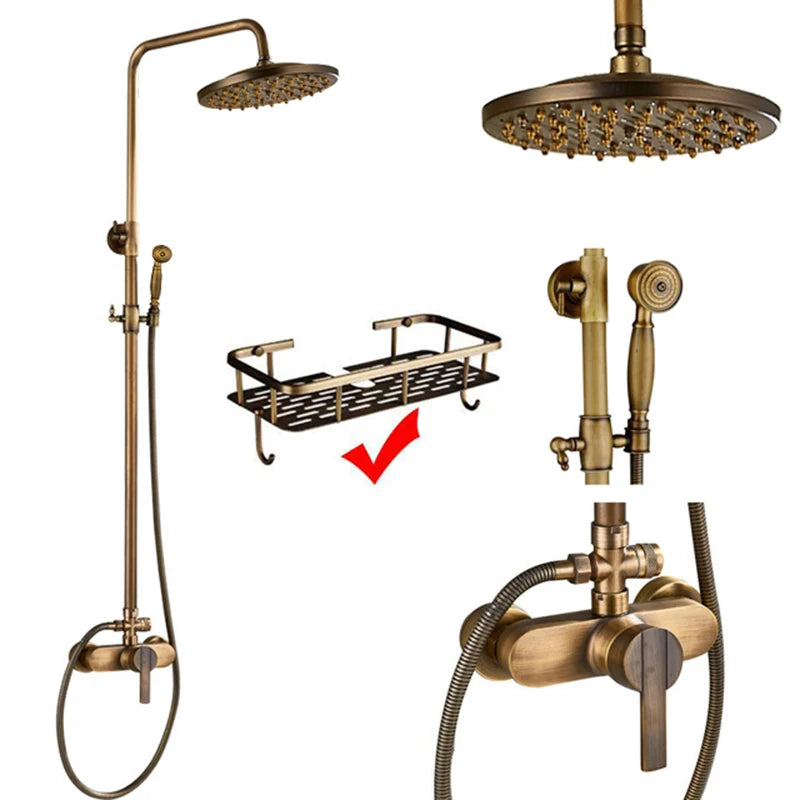 Antique Brass Shower Faucets Set Wall Mount Antique Brass Shower Kit Dual Knobs Mixer Tap Handheld Spray Bathtub Kit