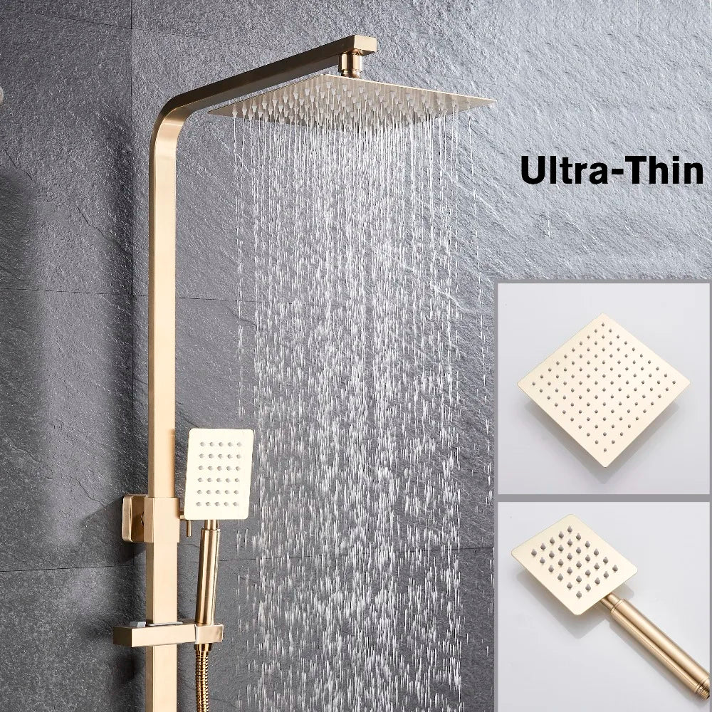 Brushed Gold Bathroom Shower Faucet Set Brass Bath Faucet Rainfall Shower Head Wall Mounted Bathtub Shower Mixer Tap System