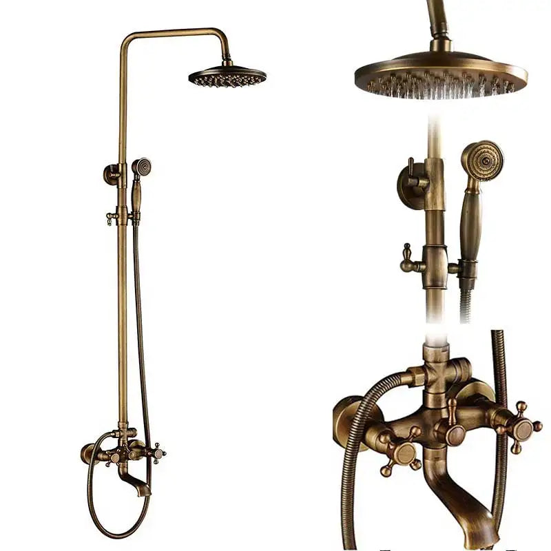 Antique Brass Shower Faucets Set Wall Mount Antique Brass Shower Kit Dual Knobs Mixer Tap Handheld Spray Bathtub Kit