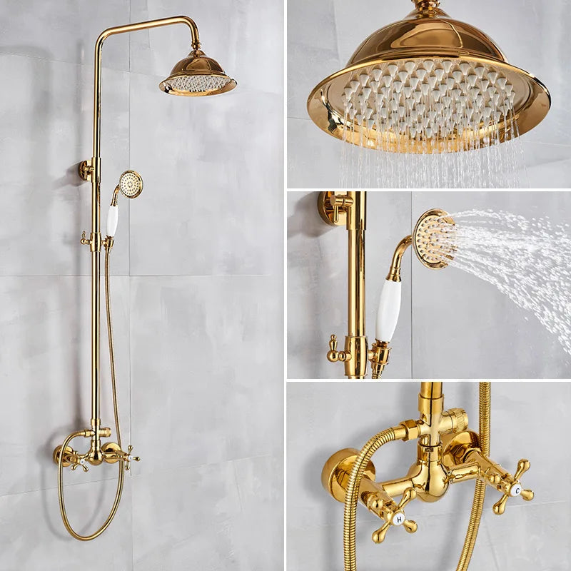 Gold Shower Faucet Bath Shower Mixer Tap 8' Rainfall Gold Shower Head Bath Shower Set W/ Hand Shower Bathtub Faucet Wall Mounted