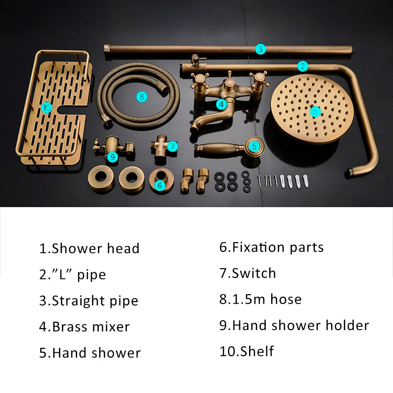 Antique Brass Shower Faucets Set Wall Mount Antique Brass Shower Kit Dual Knobs Mixer Tap Handheld Spray Bathtub Kit