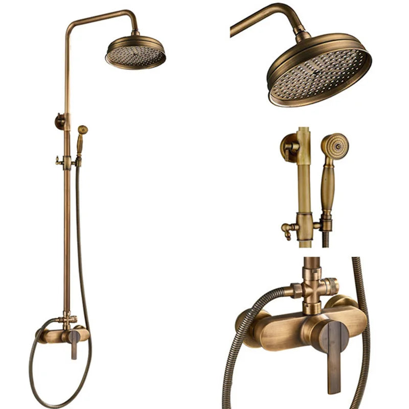 Antique Brass Shower Faucets Set Wall Mount Antique Brass Shower Kit Dual Knobs Mixer Tap Handheld Spray Bathtub Kit