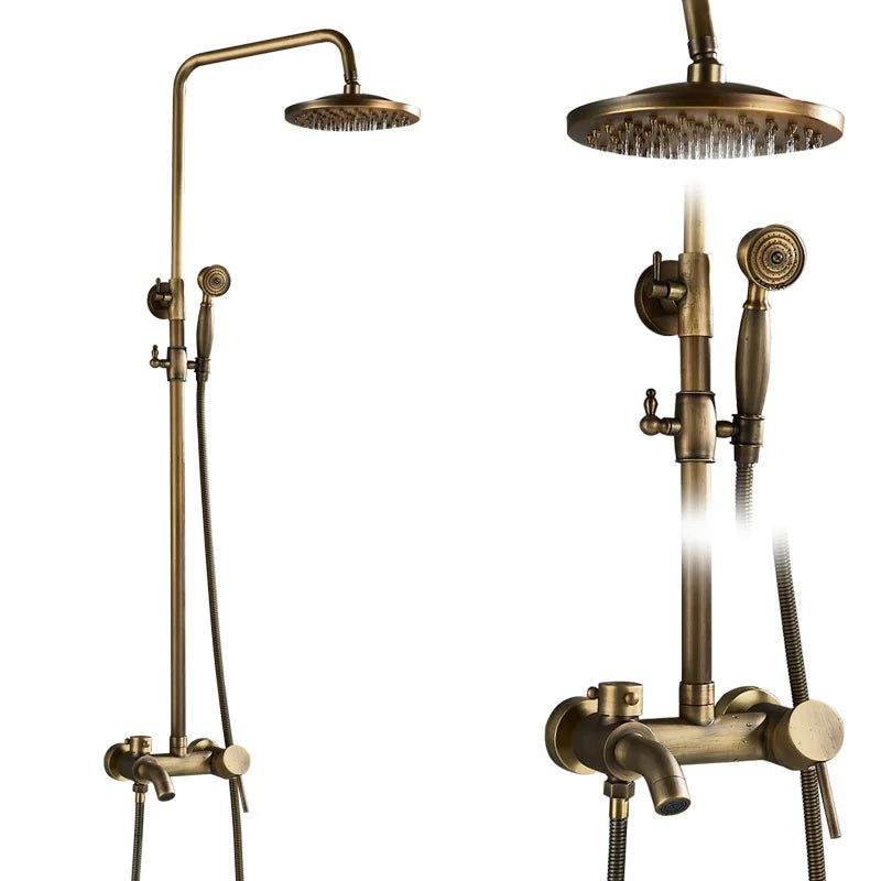 Antique Brass Shower Faucets Set Wall Mount Antique Brass Shower Kit Dual Knobs Mixer Tap Handheld Spray Bathtub Kit