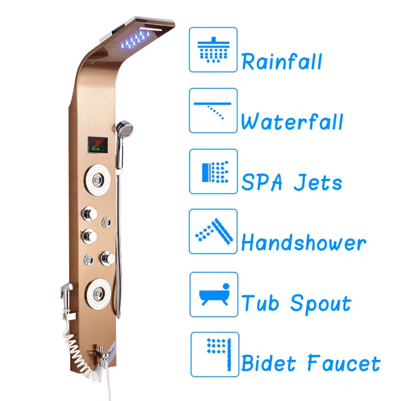 LED Bath Shower Faucet Digital Display Bath Shower Panel Tower Shower Column Waterfall LED Shower Head W Body Masssage SPA Jet