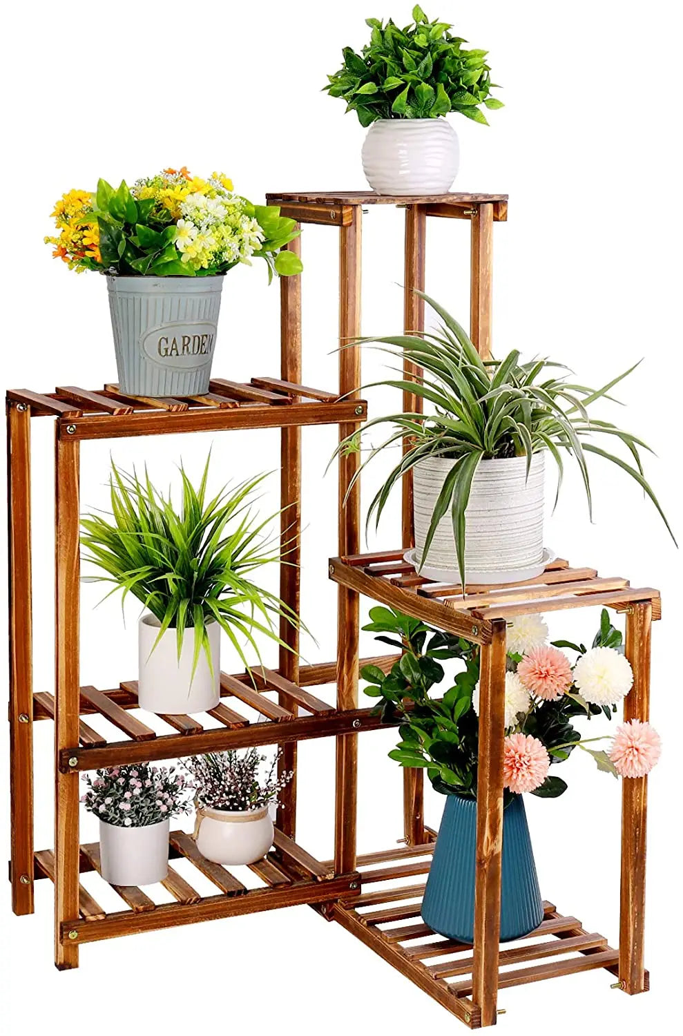 Plant Corner Stand 6 Tier Wood Shelf Indoor Outdoor Garden Patio Displaying Shelves Rack for Flowers Succulents Planter Pots