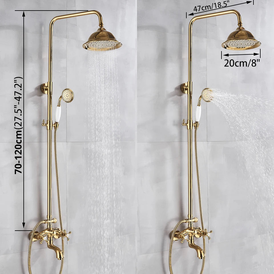 Gold Shower Faucet Bath Shower Mixer Tap 8' Rainfall Gold Shower Head Bath Shower Set W/ Hand Shower Bathtub Faucet Wall Mounted