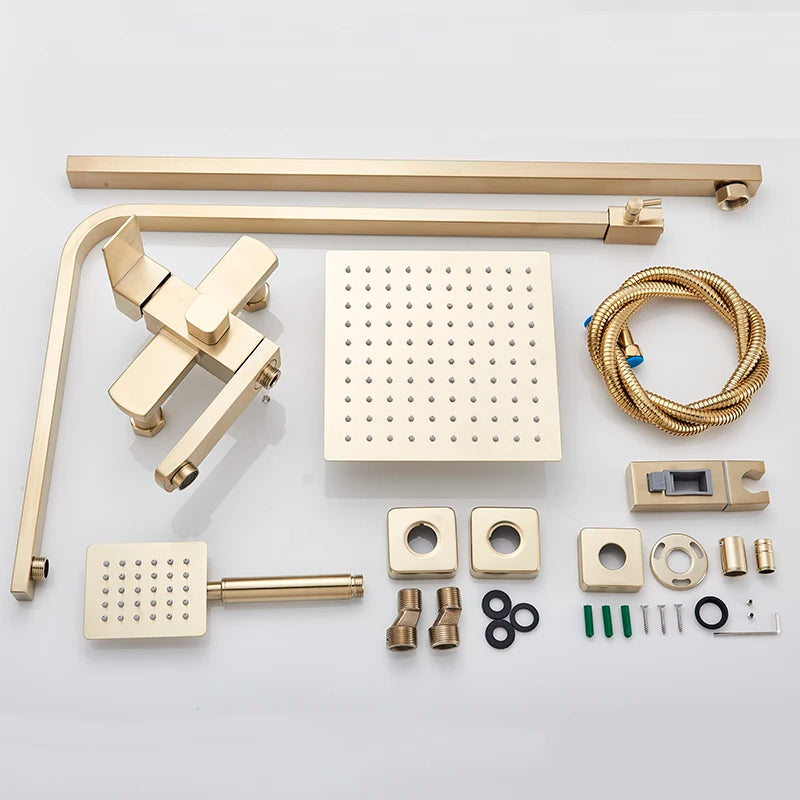Brushed Gold Bathroom Shower Faucet Set Brass Bath Faucet Rainfall Shower Head Wall Mounted Bathtub Shower Mixer Tap System