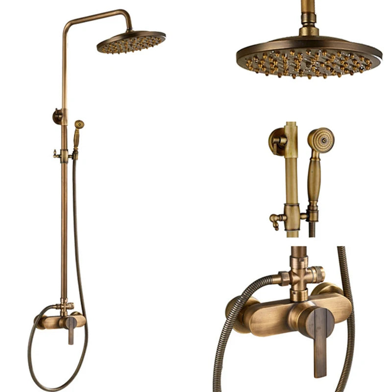 Antique Brass Shower Faucets Set Wall Mount Antique Brass Shower Kit Dual Knobs Mixer Tap Handheld Spray Bathtub Kit