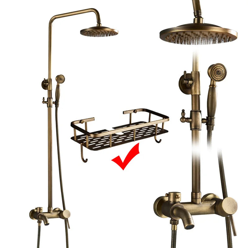 Antique Brass Shower Faucets Set Wall Mount Antique Brass Shower Kit Dual Knobs Mixer Tap Handheld Spray Bathtub Kit