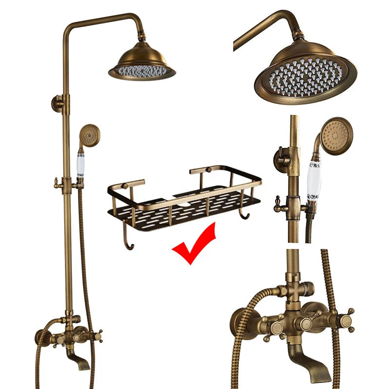 Antique Brass Shower Faucets Set Wall Mount Antique Brass Shower Kit Dual Knobs Mixer Tap Handheld Spray Bathtub Kit