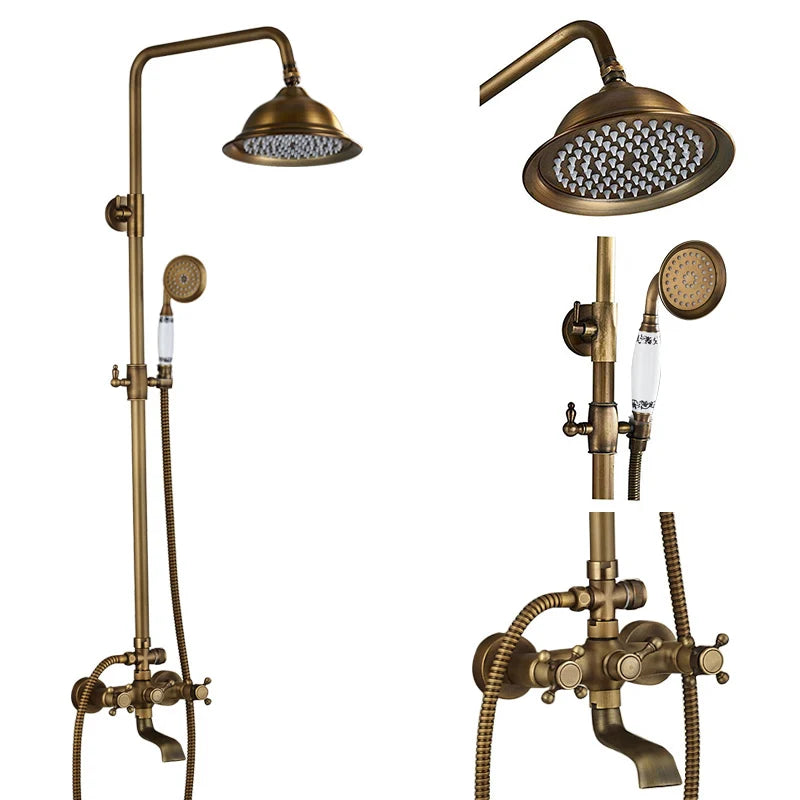 Antique Brass Shower Faucets Set Wall Mount Antique Brass Shower Kit Dual Knobs Mixer Tap Handheld Spray Bathtub Kit