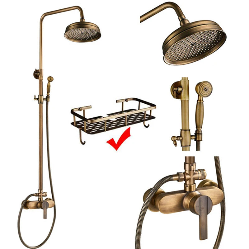 Antique Brass Shower Faucets Set Wall Mount Antique Brass Shower Kit Dual Knobs Mixer Tap Handheld Spray Bathtub Kit