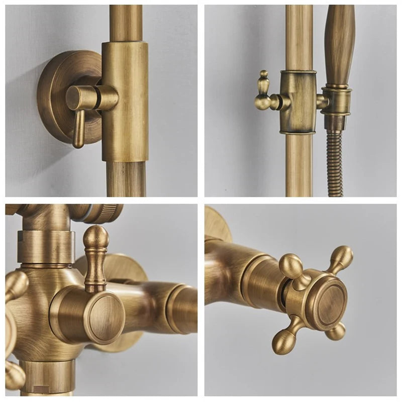 Antique Brass Shower Faucets Set Wall Mount Antique Brass Shower Kit Dual Knobs Mixer Tap Handheld Spray Bathtub Kit