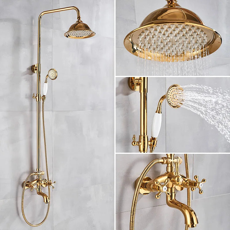 Gold Shower Faucet Bath Shower Mixer Tap 8' Rainfall Gold Shower Head Bath Shower Set W/ Hand Shower Bathtub Faucet Wall Mounted