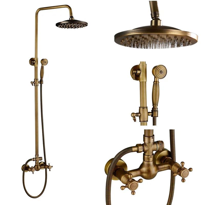 Antique Brass Shower Faucets Set Wall Mount Antique Brass Shower Kit Dual Knobs Mixer Tap Handheld Spray Bathtub Kit