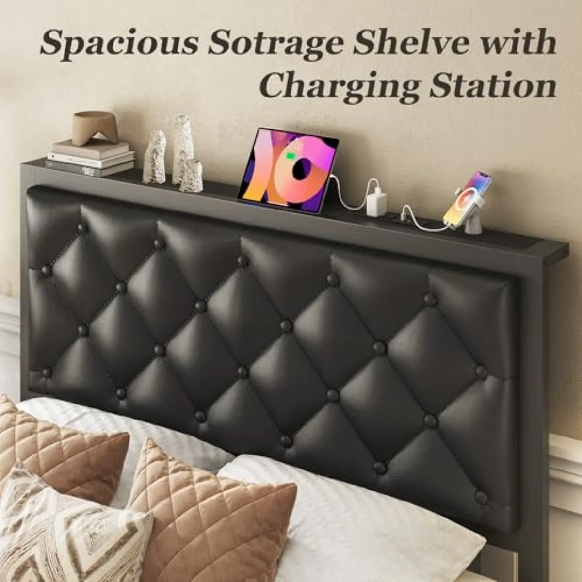 Twin Upholstered Button Tufted Bed Frame with Storage Drawer and Charging Station for Bedroom