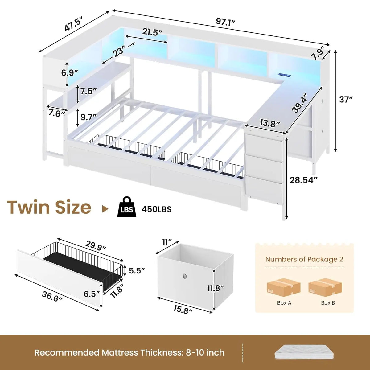 Corner Twin Bed Frame With Desk, Charging Station And Bookcase Storage Metal Platform Bed Frame With Storage Drawers And Led Light