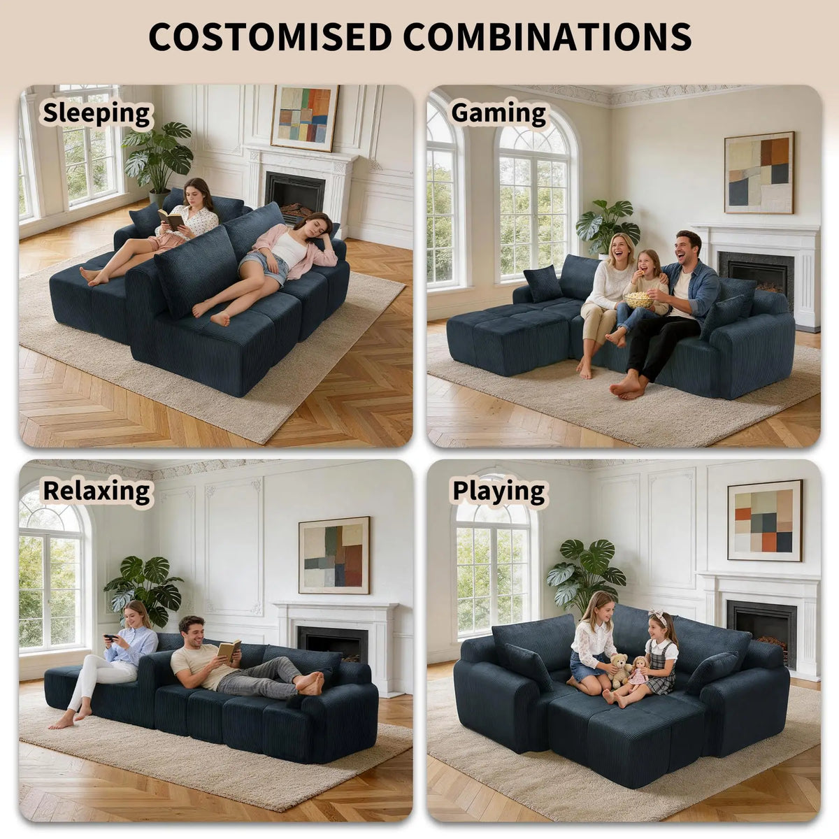 118'' Corduroy Modular Sofa, Deep Seat Compression Couch With Memory Foam, No Assembly Sectional For Living Room