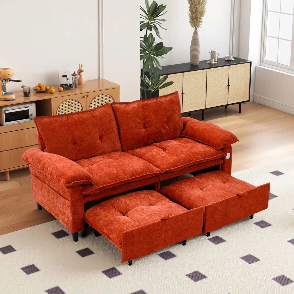 Double-person Convertible Sleeping Lounging Sofa With USB Charging Port 2-in-1 Upholstered Sofa Equipped With Thick  High-density Cushions Suitable for Small-sized Living Rooms Bedrooms Study Rooms Offices